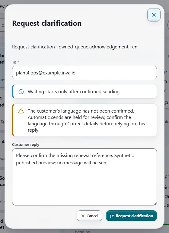 OneMail request-clarification dialog warning that the customer's language has not been confirmed and that automatic sends are held for review.