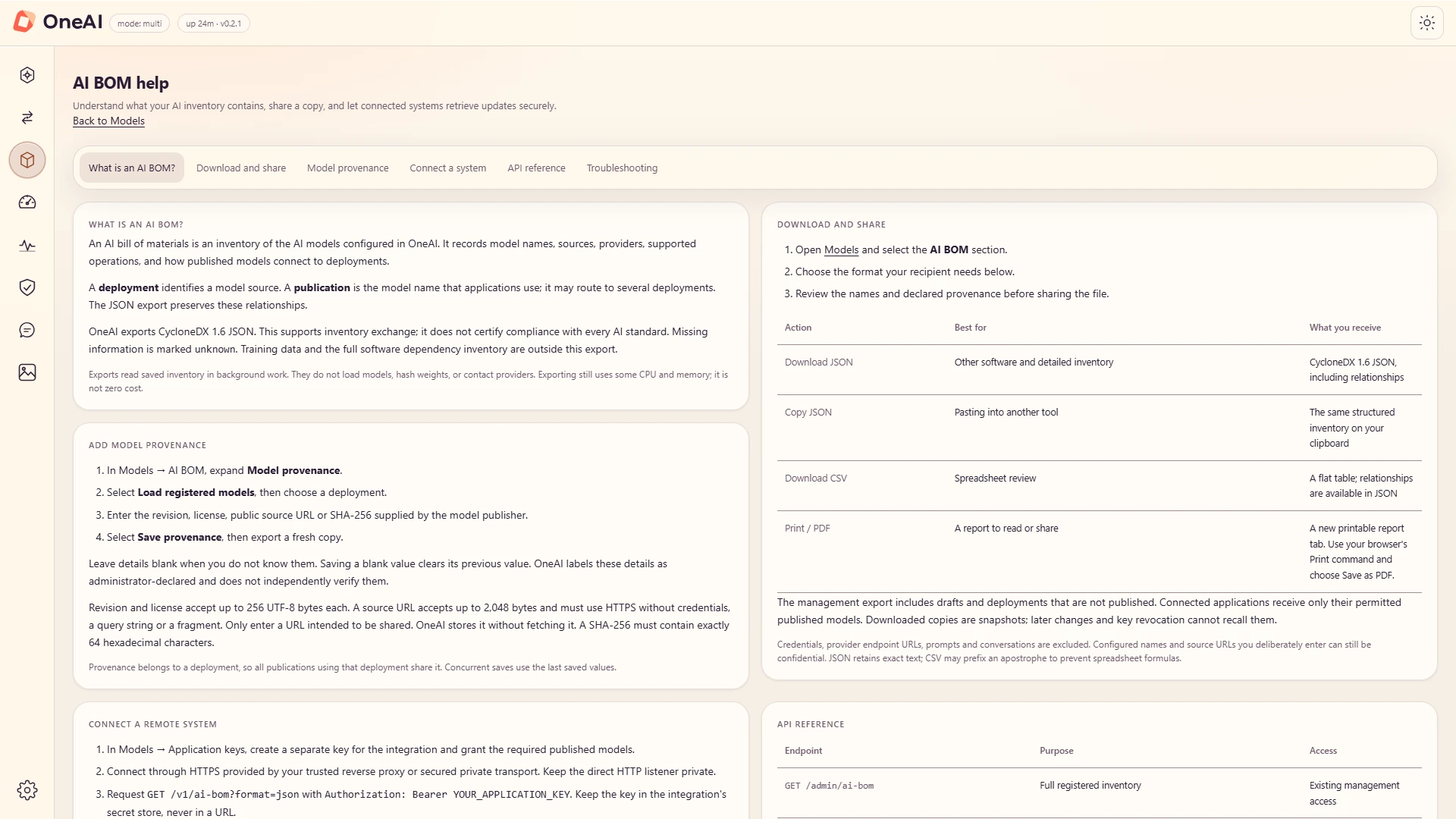 Pagina della guida AI BOM: opzioni di download e condivisione per CycloneDX 1.6 JSON, JSON copiato, CSV e un report stampabile.
