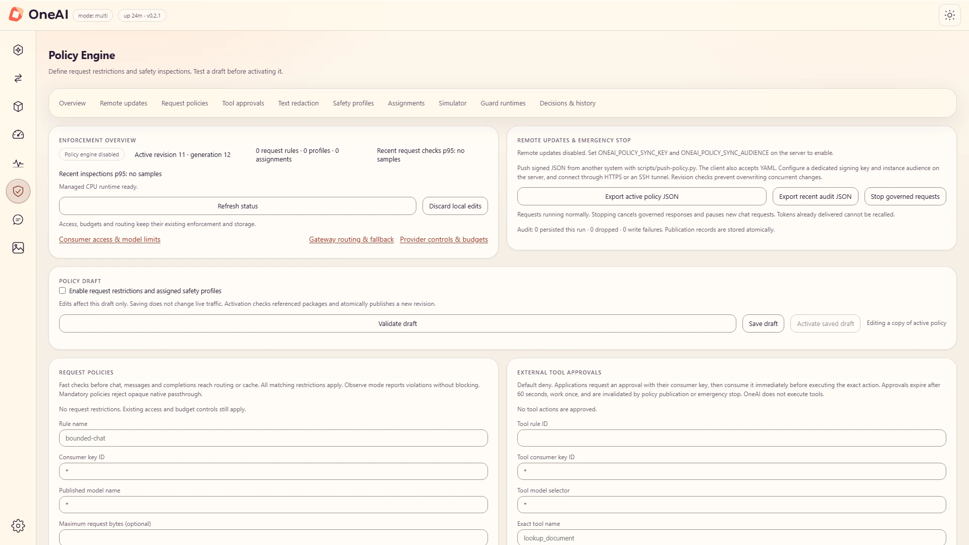 Aggiornamenti remoti e scheda di arresto di emergenza nel motore delle policy, con i pulsanti Esporta JSON policy attiva, Esporta JSON di audit recente e Interrompi richieste gestite.