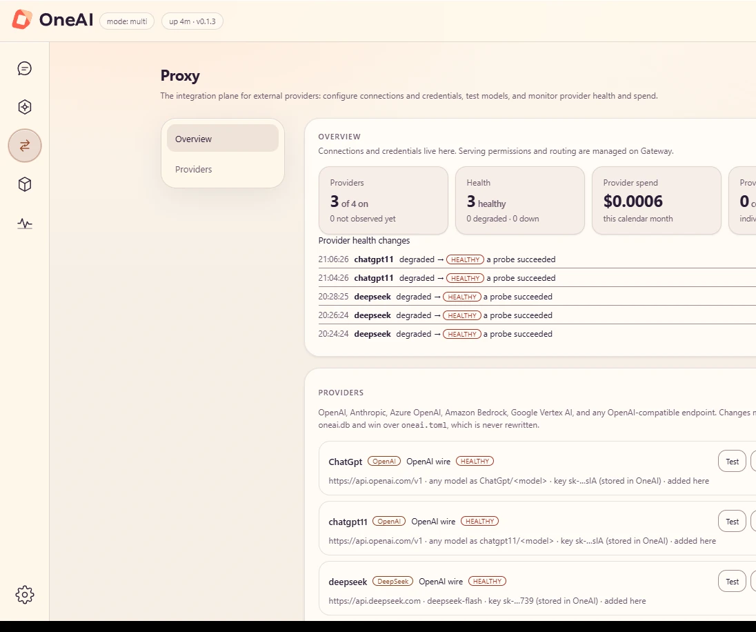 OneVeer Pagina proxy: conteggio dei fornitori, integrità e spesa mensile, un registro delle modifiche allo stato del fornitore e fornitori collegati con chiavi mascherate.